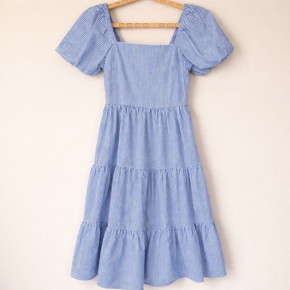 J. Crew Dresses & Skirts - J. Crew Midi Dress Sz 8 Blue White Stripe Cotton Tiered Puff Sleeve SU24 Cottage